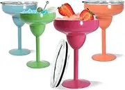 4Pack Stainless Steel Margarita Glasses, Set of 4, 10oz Insulated Martini Glasses with Lid Unbreakable Cocktail Glasses Metal Wine Tumbler Mug, Stay Icy Cold, 4 Cocktail Picks, Mixed