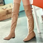 Women's Beige Over-the-Knee Flat Boots with Side Zipper and Buckle Straps, Chic and Casual for Everyday Wear