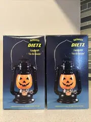 2 Vintage Dietz Halloween Jack-o-Lantern Metal Light-up Pumpkin Battery Operated