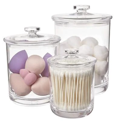 3-Pack-Containers for Bathroom or Vanity|Clear Plastic Apothecary Jars with Lids