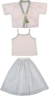 [MEIOOFIC] Girls Tang Princess Hanfu Outfit, Colorful Three-Piece Set, Embroidered Chiffon Shirt with Cotton Top and Tulle Skirt