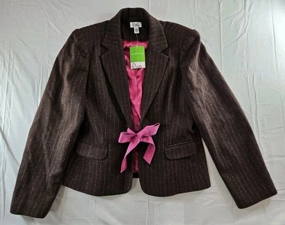 Lilly Pulitzer Jacket Womens Large Brown Wool Blend Pink Bow Drew Stretch NEW