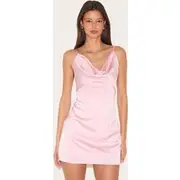 Pale Rose Satin Leaf Print Cowl Neck Mini Dress, Pale Rose