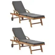 2 Pcs Wooden Sun Lounger Set With Cushions Wheels Pool Deck Reclining Sunbed