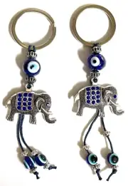 ELEPHANT LUCKY EYE KEY CHAIN WITH BLUE EVIL EYE BEADS 2 PCS SET