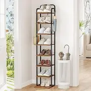Hzuaneri Vertical Shoe Rack, Shoe Shelves, Wood Shoe Organizer for Closet, Entryway, Shoe Tower for Small Spaces, Free Standing, Adjustable, with 2 Hooks, 8 Tier Rustic Brown SR04301B