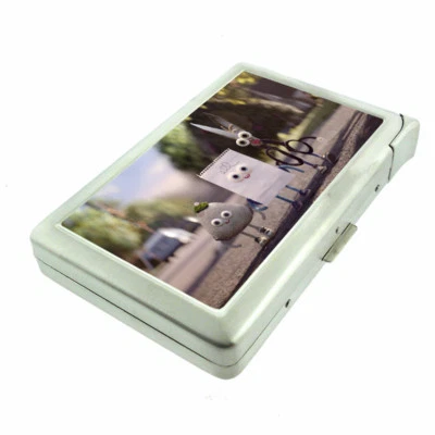 Rock Paper Scissors Em1 Cigarette Case with Built in Lighter Metal Wallet