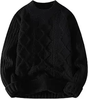 [Qolkmuiy-GJ] Mens Casual Cable Knit Sweater Fall Oversized Long Sleeve Pullover Crewneck Vintage Chunky Sweaters, Black 1, M