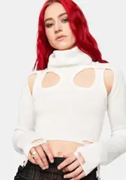 [DARKER WAVS] Distortion Off White Knit Cutout Turtleneck Top