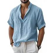 Men's Linen Shirt Popover Shirt Casual Shirt Button Up Shirt Plain Vacation Street Black White Light Green Dark Navy Short Sleeves Band Collar Spring Fall Clot