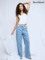River Island Blue Wide Leg Tie Front Jeans (W54037) | $118