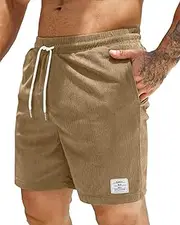 [LVCBL] Men's Casual Corduroy Shorts Elastic Waist Drawstring with 3 Pockets Classic-Fit Summer Beach Shorts Vacation