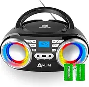 KLIM B3 Portable CD Player - New - FM Radio CD MP3 Bluetooth AUX USB RGB Lights - CD Boombox - Wired and Wireless Mode with Rechargeable Batteries - Upgraded CD Laser Lens - Digital EQ - Black