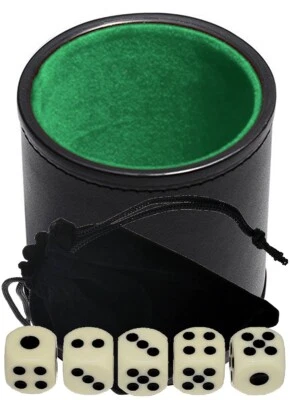 15mm Ivory Tone Pip Dice w/Storage Pouch+ PU Leather Green Felt Lined Cup Bundle