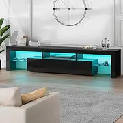 ALFORDSON RGB LED TV Cabinet Stand Unit, 180 x 45 x 35cm, 16 Colors＆4 Modes, High-Gloss UV Front Finish, Tempered Glass Shelves, Modern Furniture Entertainment TV Unit, Black
