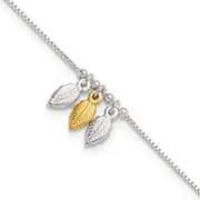 Sterling Silver Gold-Tone Polished Feather 9In W/1In Ext Anklet