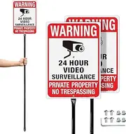T&R Large Video Surveillance Signs with 54" Stake, Private Property No Trespassing - 2 Pack - 14"x10" .040 Rust Free Aluminum, Reflective, Waterproof and Fade Resistant, 2 pre-drilled holes, Includes