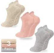 [H HOME-MART] 3 Pairs Cushioned Sole Pilates Socks With Grips for Women - Non-Slip Yoga and Ballet Barefoot Workout Grippy Socks - Anti-Skid Athletic Footwear