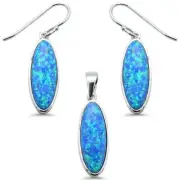 Oval Bezel New Blue Opal .925 Sterling Silver Pendant & Earring Set