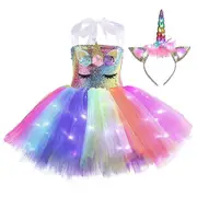 Kids Girls Unicorn Costume Led Light Up Tutu Dress + Headband Outfits Set Cosplay Carnival Birthday Party B 6-8 Years