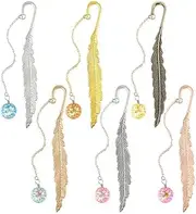 [YIRUZWRD] 6 Pack Metal Feather Bookmark Charming Beaded Pendant with Dried Flower Specimens Inside Book Marker for Women