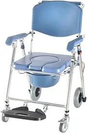 Bedside Commode Aluminum Shower Chair Lockable Wheelchair Bedside Toilet Seat with Casters & Padded Seat Rolling Transport Chair for Handicap Patient and Seniors