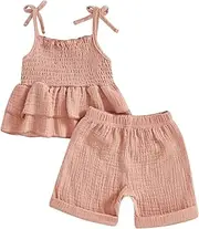[Thorn Tree] Toddler Girl Clothes Summer Ruffle Hem Sleeveless Stretchy Top Casual Shorts Cotton Line Outfits