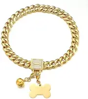 RUMYPET 11MM/15MM/19MM 18K Gold Plated Dog Chain Collar with Shiny CZ Lock ID Tag and Bell Chew Proof Stainless Steel Cuban Link Chain Walking Training for Small Medium Large Dogs(15mm, 24inch)
