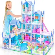 AmiDear Dollhouse with 4-Story 11 Rooms, Dream Gift Princess Doll House Playset with Furniture, Blue Toddler Toy House with Pool Slide for 3 4 5 6 7 8 9 10 Year Old Girls Kids
