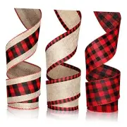 3 Rolls Christmas Buffalo Plaid Ribbon Burlap Wired Edge Plaid Ribbons Check