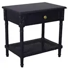 Black Bedside/Side Table with Rattan Shelf at the bottom 60x40x60cmh