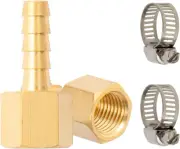 Brass Hose Barb Fitting, Female Barb Adapter with 2 Hose Clamps, 3/8" Barb X 1/4
