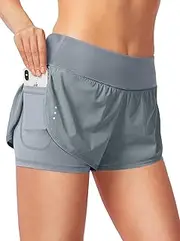 [Blooshow] Sports Shorts Women's Summer Sports Trousers Women's Short Trousers 2 in 1 Running Shorts Quick-Drying Running Gym Training Fitness Yoga Jogging Shorts with Pockets, Gray, X-Small