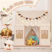 Kids Play Tent Playhouse Childrens Princess Castle Indoor Outdoor with Mat Star Lights Banner 1 Door 3 Windows Toys Boys Girls House Cottage