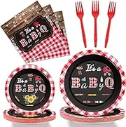 Tevxj 96 PCS BBQ Baby Shower Plates Napkins Baby Q Party Tableware It’s A BabyQ Disposable Paper Plates Napkins Sunflower Rustic Barbecue Baby Shower Party Decorations Supplies Favors for 24 Guests