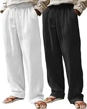 [Riyiper] 2 Pack Men's Linen Pants, Casual Pants with Pockets Lightweight Pants Elastic Waist Yoga Lounge Trousers