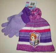 SOFIA THE FIRST NEW NWT HAT GLOVES SET 2 pc purple DISNEY stretch ONE SIZE FITS