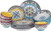 Euro Ceramica Zanzibar Double Bowl 16-Piece Dinnerware Set | Fine Kitchenware | Floral Multicolor Design Stoneware Tableware Service for 4
