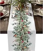 Christmas Table Runner, Eucalyptus Fir Tree Pattern, Linen Material, Green Color, 13 x 72 Inch, Perfect for 4-6 People Tables