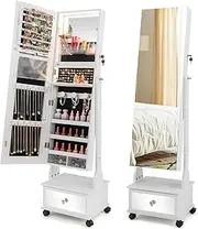 Giantex Standing Jewelry Armoire, Lockable Movable Jewelry Organizer w/Full-Length Mirror, Vanity Mirror, 3-Color LED Lights, Shelves & Drawers, Jewelry Cabinet w/Wheels & Adjustable Angles (White)