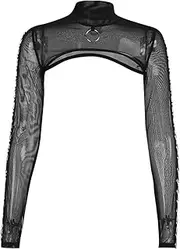 [XCJIKUKE] Women Goth Tops Punk Cover Ups Mesh Crop Top See Through Sexy Long Sleeve Blouse Y2k Black Rave Outfit Festival