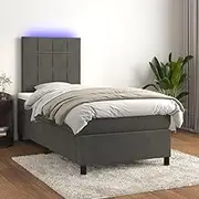 vidaXL King Single Box Spring Bed & Mattress - Dark Grey Velvet LED Bed Base with Adjustable Headboard and Pocket Spring