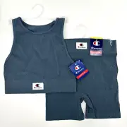 NWT Champion Women's M Seamless Ribbed Racerback Blue Bra & Shorts Set C Badge