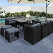 Gardeon Outdoor Dining Set 11pcs Rattan Wicker Lounge Setting Table and Chairs, Patio Conversation Sets Furniture Garden Backyard, Weather-Resistant Cushions Storage Cover Black with Ottoman