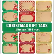 120Pcs Foil Kraft Christmas Gift Tags Stickers for Presents, 12 Jumbo Designs