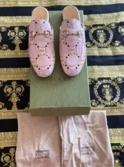 New Auth Gucci Toast Princetown Mules Flat Leather Slip-On GG Monogram Pink G 34