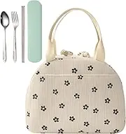 Insulated Lunch Bag for Kids & Women, Canvas Insulated Lunch Cool Bag, 6.5L Lunch Tote Bag Cute Lunch Bag, Chic Lunch Box Tote Bag with One Set of Cutlery for Work,School,Picnic,BBQ (White B)