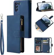 for Samsung Galaxy S21 FE 5G Wallet Case,for Galaxy S21 FE 5G Case,Boyobacase PU Leather Wallet Flip Cover Stand Feature[ 6 Card Slots and 1 Zipper Coin Pocket] with Wrist Strap-Blue