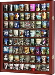 Large 72 Shot Glass Display Case Cabinet Rack Holder-Mirror Back (Cherry Finish)