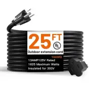 25 Feet Outdoor Extension Cord Waterproof Deep Black 16 AWG 3 Prong, Flexible...